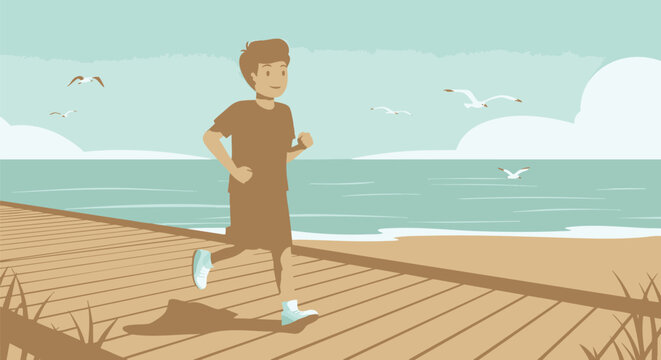 Man running on a wooden boardwalk along the ocean shore during a sunny day, a healthy lifestyle and outdoor exercise concept illustration - Powered by Adobe