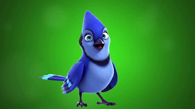 A vibrant blue cartoon bird with expressive eyes stands against a green background, showcasing its playful nature