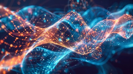 A depiction of quantum bits interacting within a futuristic computing interface .