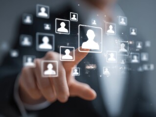Fototapeta premium Human resource technology, HR recruitment and team management, Human resource manager reviewing online CVs to select perfect candidate for employment using digital technology and networking tools