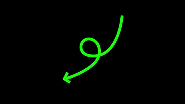 scrolling down green  arrow animation,minimalist hand drawn  arrow element,simple  line art pointer animation  on black background.
