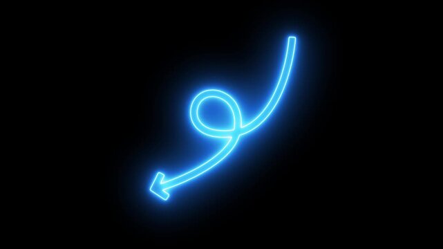 animated arrow showing decline, decrease, or a downward trend,descending neon light arrow animation,glowing neon blue arrow spiraling downwards on a black background.