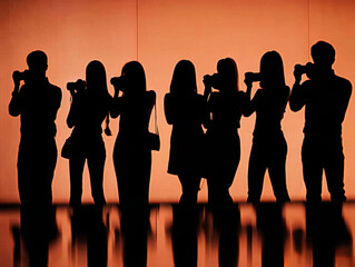 Silhouette of photographers taking photos in front of orange background