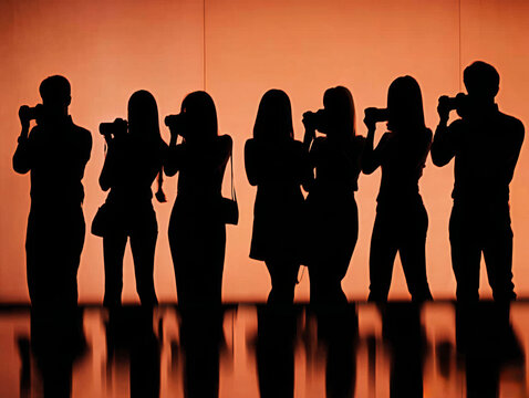 Silhouette of photographers taking photos in front of orange background