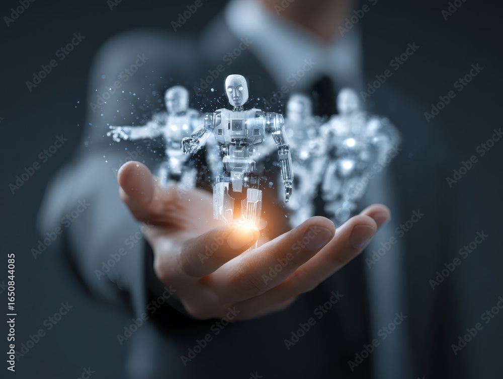 Poster multi agent ai systems, businessman holding ai agents, ai driven solutions streamline workflows, dec