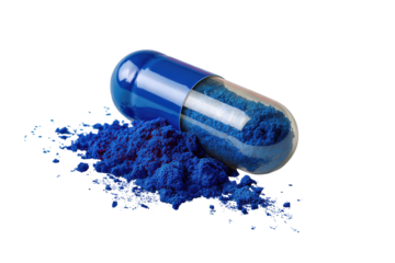 A vibrant blue capsule, spilling its contents