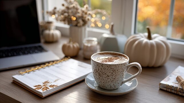 Warm autumn scene with a cup of coffee on a desk, surrounded by pumpkins, planner, and laptop near a window. Perfect cozy workspace with seasonal fall decor.