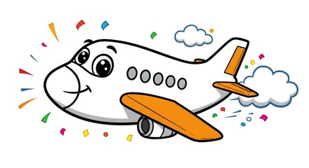 Naklejka premium Cheerful cartoon airplane with confetti and clouds, celebrating flight