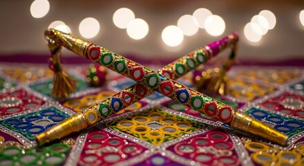 A pair of colorful dandiya sticks for the Navratri festival crossed on vibrant embroidered fabric with festive lights in the background.