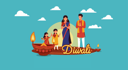 Obraz premium Happy Diwali Greeting with Indian Family