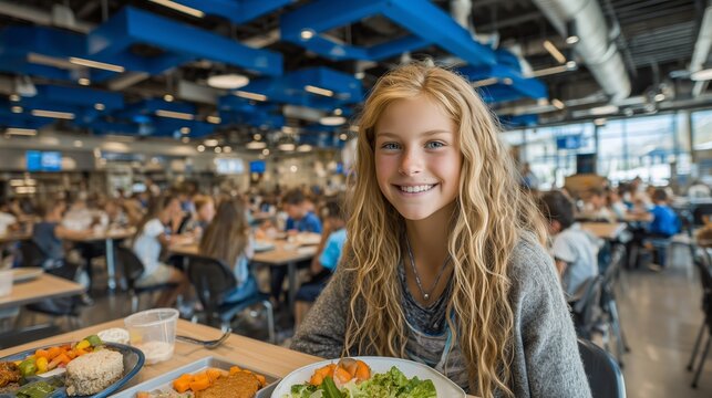 Happy blonde teenage girl enjoying nutritious school meal with vegetables and salad in contemporary blue cafeteria with students dining in background - Powered by Adobe