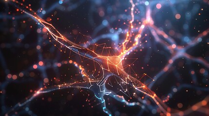 A glowing neural network with interconnected nodes and circuits, set against a dark, digital background .