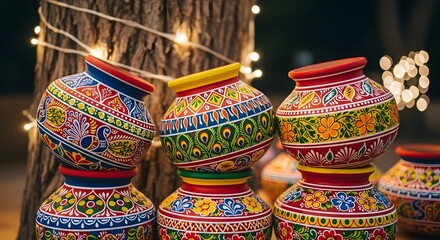 A vibrant collection of traditionally hand-painted clay pots stacked outdoors by a tree with festive lights.