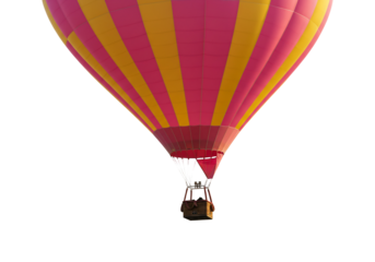 Pink and yellow hot air balloon in flight against transparent background