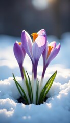Fototapeta premium Delicate crocus blossoms emerge through melting snow , snow, nature photography