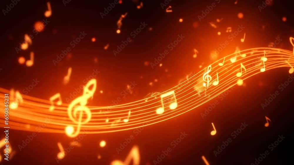 Poster abstract golden music notes flowing in a dynamic wave on a dark background