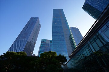 Modern glass skyscrapers reaching towards a clear blue sky