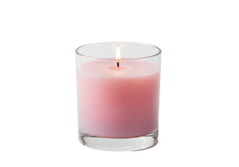 Pink candle in glass container burning flame transparent background smooth texture home decor relaxation aromatherapy