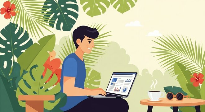 Smiling male financial analyst working on laptop surrounded by tropical foliage, concept for remote work, investment analysis and financial planning