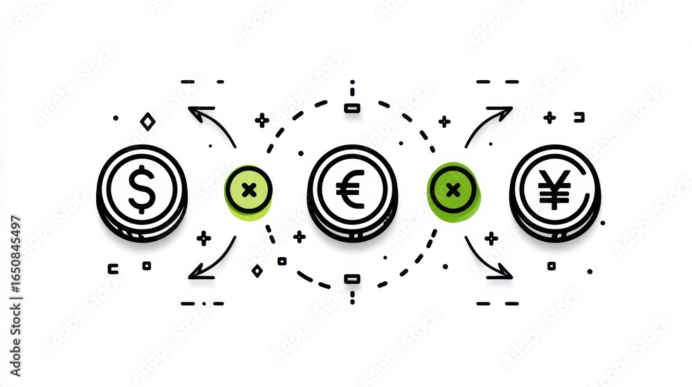Poster currency exchange concepts illustrating different global currencies with arrows symbolizing trade an