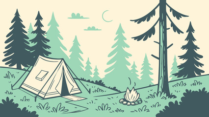 Cozy campsite with tent and campfire in a forest under a crescent moon