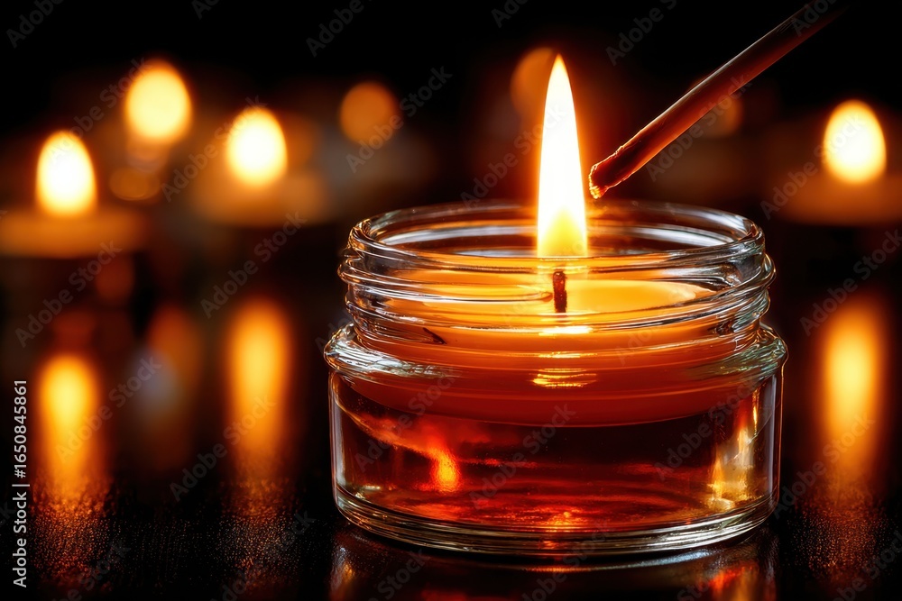 Poster candle flame being lit in a dimly lit setting with multiple candles illuminated