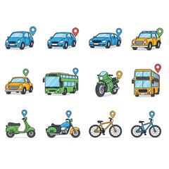 Naklejka premium Various modes of transport with location pins, including cars, buses, bikes and scooters.
