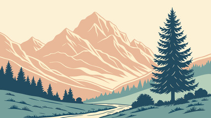Fototapeta premium Stylized mountain landscape with a winding road and pine trees