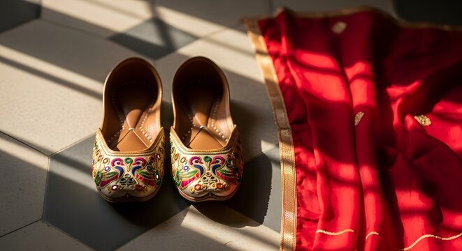 A pair of beautifully embroidered traditional Indian jutti shoes next to a vibrant red fabric on a sunlit tiled floor.