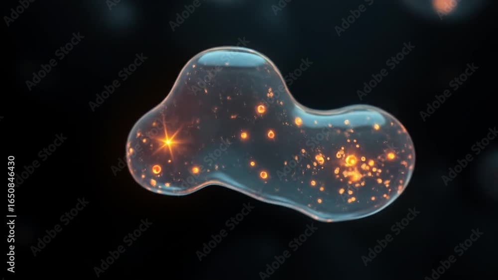Poster abstract metaball animation with glowing particles on black background