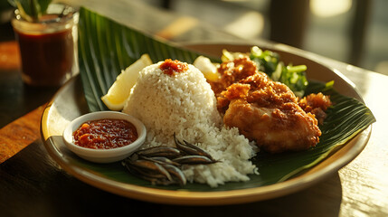 Traditional dish featuring rice, fried chicken, and sambal sauce served on a banana leaf
