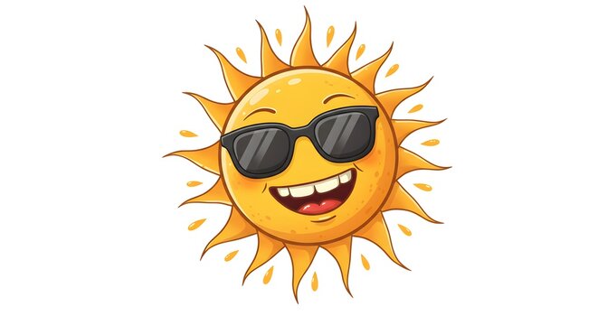 Cool cartoon sun with sunglasses smiling happily on a white background. - Powered by Adobe