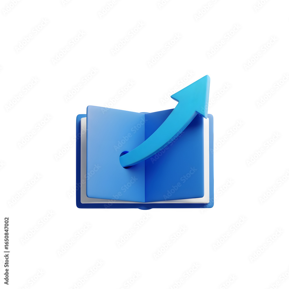 Poster 3d icon of open book with blue arrow indicating growth and progress, isolated on transparent backgro