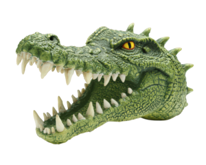 Crocodile head with open mouth, sharp crooked teeth, green scaly texture, yellow eye, and realistic detail, isolated on transparency background, fierce expression