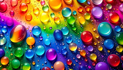 Vibrant Rainbow Water Droplets, Colorful Abstract Background.