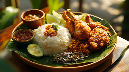 Traditional Nasi Lemak Served on a Banana Leaf with Chicken Wings, Rice, and Side Dishes
