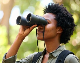 Young woman with natural curly hair using binoculars for birdwatching and wildlife observation in bright outdoor forest setting