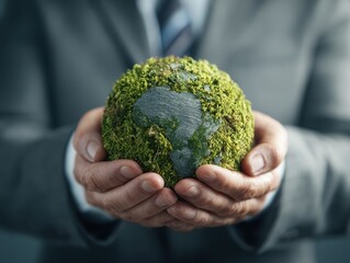 World environment day, Responsibility for a green planet, Sustainable growth, and global conservation.Businessman holding green world, Sustainable development goals and corporate social responsibility