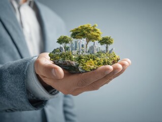 World environment day, Responsibility for a green planet, Sustainable growth, and global conservation.Businessman holding green world, Sustainable development goals and corporate social responsibility