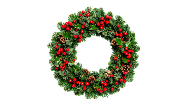 Christmas wreath with red berries isolated on solid white background - Powered by Adobe