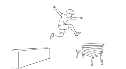 Line drawing of an energetic young boy jumping over obstacles in a park, performing a parkour leap