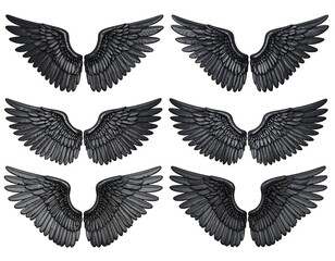 Obraz premium Collection of six different vector angel wings in black color on white backdrop