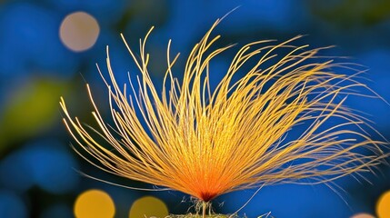 Golden Abstract Dandelion Seed Head Against a Blue Bokeh Background Creating a Dreamlike Visual