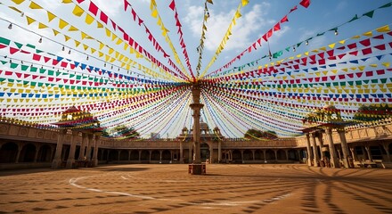 Colorful festive flags radiate from a central pole over a traditional sandstone courtyard in India.