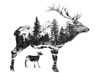 Black and white double exposure combining silhouette of deer, fawn, pine forest and flying birds in a surreal wildlife scene. Ink drawing, sketch
