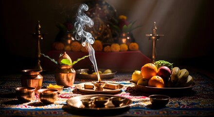 A traditional Hindu puja setup with offerings, smoke, and glowing light.