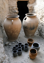 Terracotta pots and vases, some upside down, alongside black wine jugs in an ancient Egyptian desert. Weathered surfaces with minor cracks, natural light.