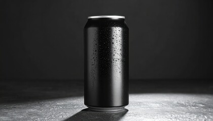 A cold, dark beverage can covered in water droplets with subtle lighting