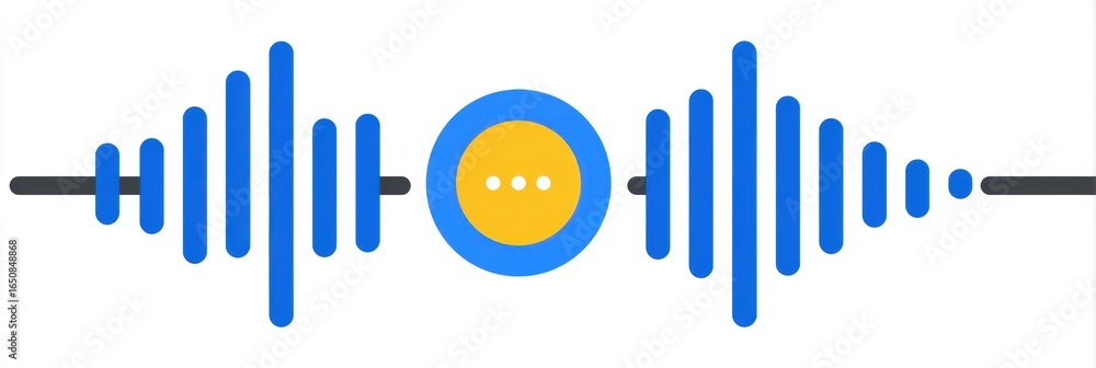 Poster visual representation of audio waveform with a play button in the center featuring blue and yellow c