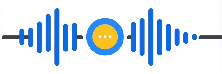 Visual Representation of Audio Waveform With a Play Button in the Center Featuring Blue and Yellow Colors Against a White Background